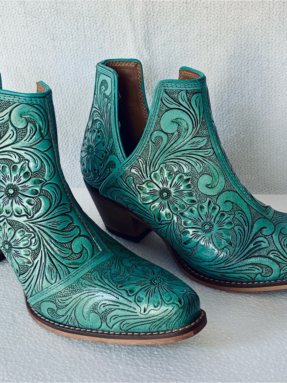 Myra Bag Turquoise Floral Tooled Leather Ankle Booties - Picture 4 of 16